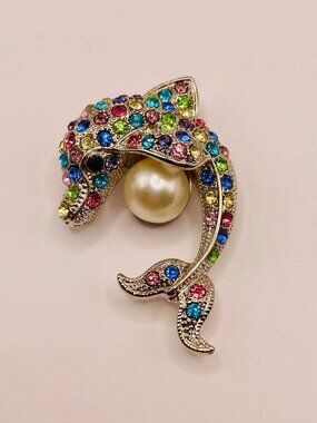 Colorful Dolphin Brooch Pin Rhinestones & Faux Pearl -94B